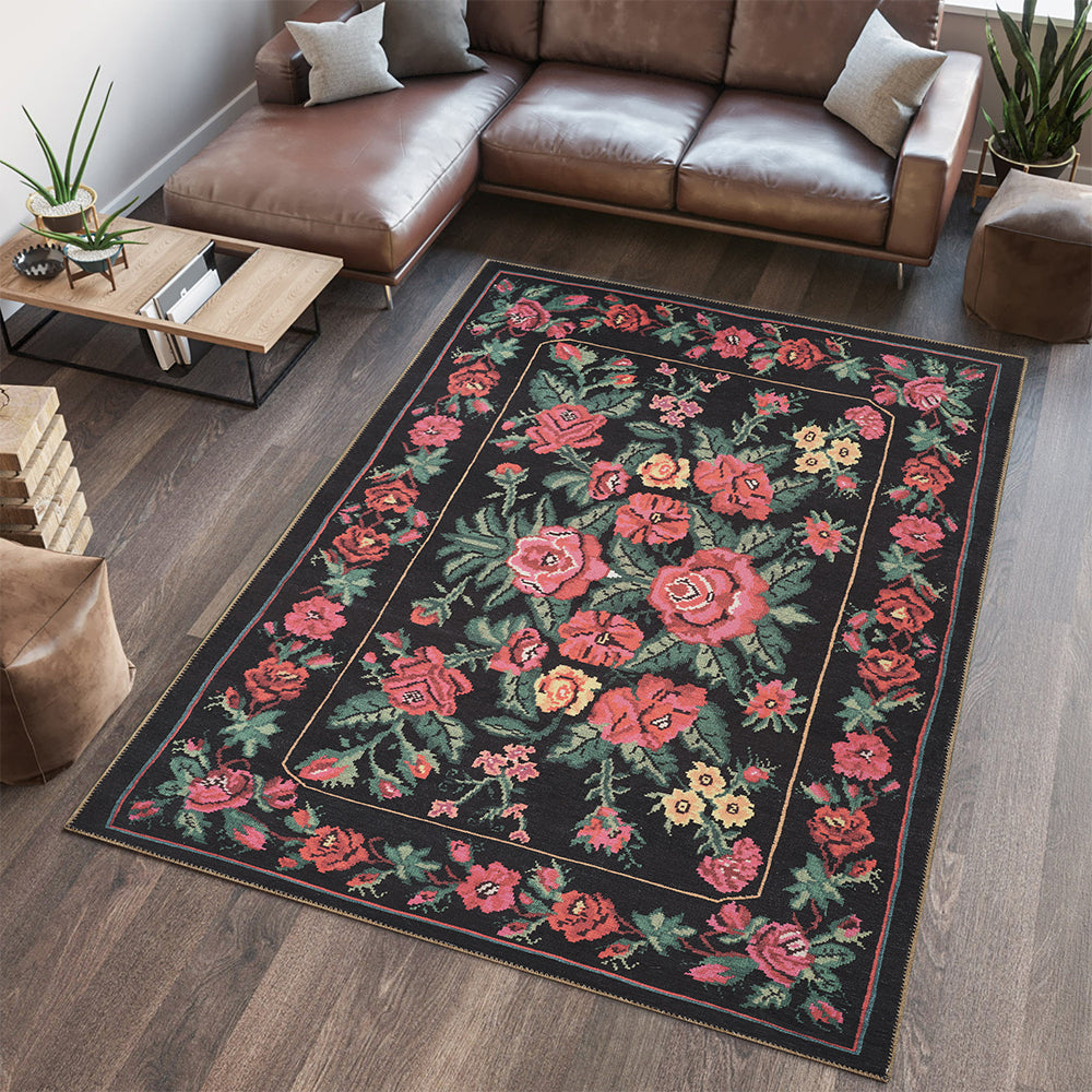 Portobello Thyme Traditional Black & White Rug